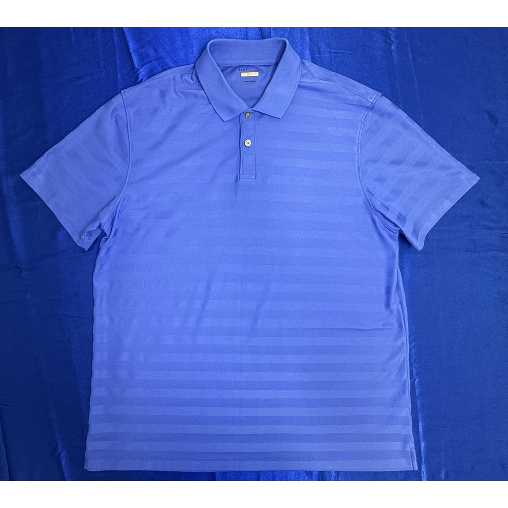 Van Huesen Men's Large Traveler Performance Polo Blue Striped Short Sleeve Shirt